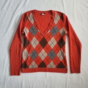 J Crew Size S Argyle V-Neck Sweater Wool Cashmere Blend Preppy
